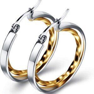 Stainless Steel Two-Tone Twisted Circle Hoop Earrings Silver Gold Women